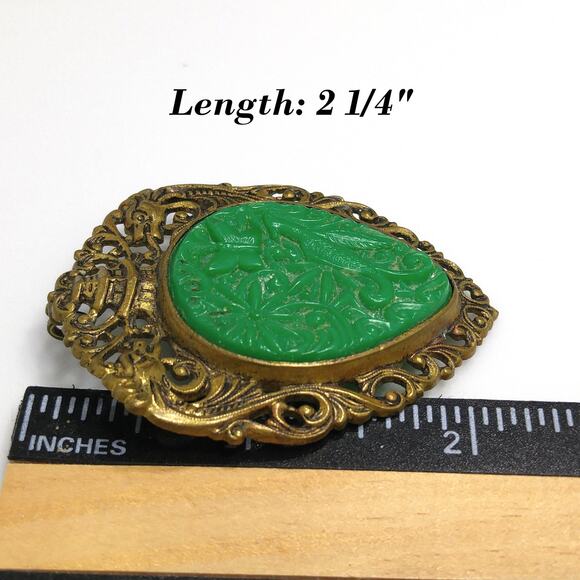 Vintage Chinese Faux Jade Brooch Pendant, Hidden Dragons Pagoda Phoenix, 1940s - Picture 7 of 10
